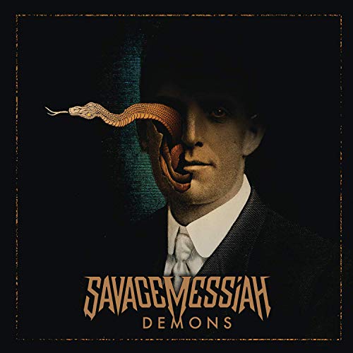"Album cover with a man in a suit and a snake emerging from his mouth."