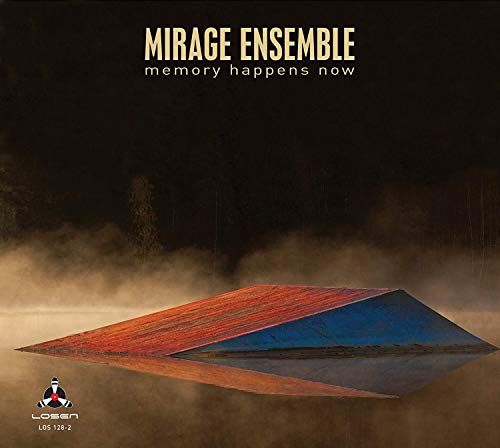 "Mirage Ensemble album cover featuring a 3D triangle in misty landscape."
