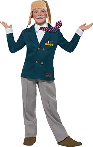 Child dressed in blue blazer, grey trousers, and pilot's hat, with painted-on moustache and rosy cheeks.