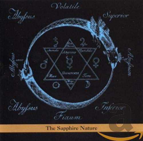 "Album cover with a blue symbol on a black background, titled 'The Sapphire Nature'."