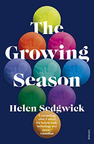 "Book cover with 'The Growing Season' title, rainbow-colored eggs, and dark blue background."
