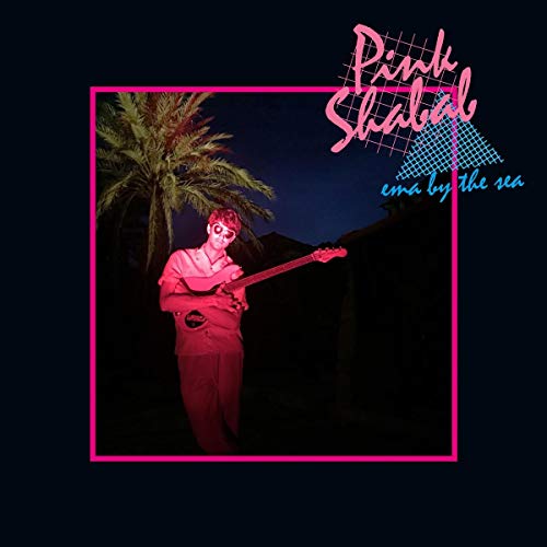 "Album cover with a man playing guitar under a palm tree, lit in pink."