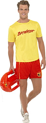 Man wearing Baywatch-themed yellow t-shirt and red shorts, holding a red rescue buoy.
