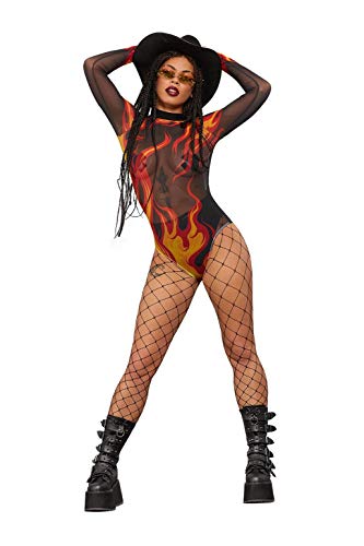 Woman wearing transparent flame-printed bodysuit, fishnet tights, black boots, and a black hat.
