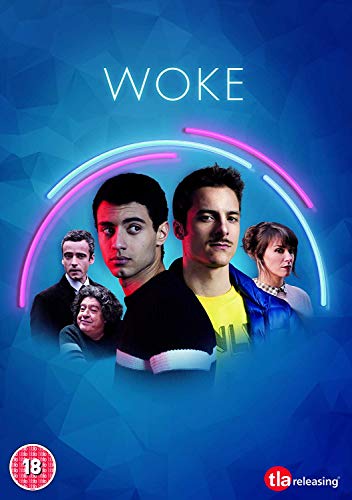 DVD cover for "Woke" featuring five people against a blue background with neon arc.