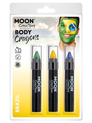 Package of three "Moon Creations Body Crayons" in green, yellow, and blue, with face paint example.