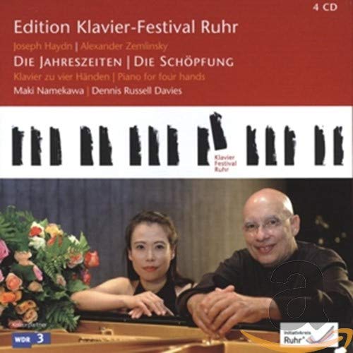 "CD cover with red and white top, piano players below, bouquet on piano."