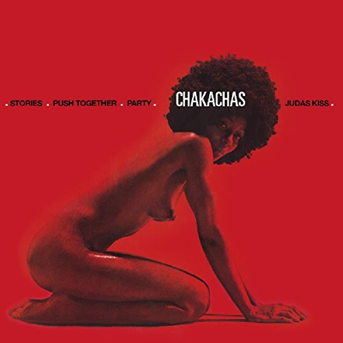 A red album cover featuring a kneeling woman with an afro and white text.