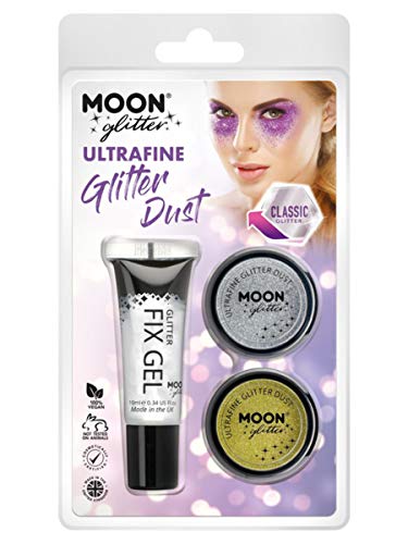 "Package containing glitter dust, fix gel, and a model with purple eye makeup."