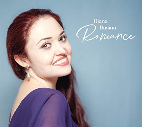 Woman with long red hair and purple top on blue background, album cover "Diana Rasina Romance".