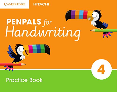 "Orange and green workbook cover with cartoon toucans holding pencils."