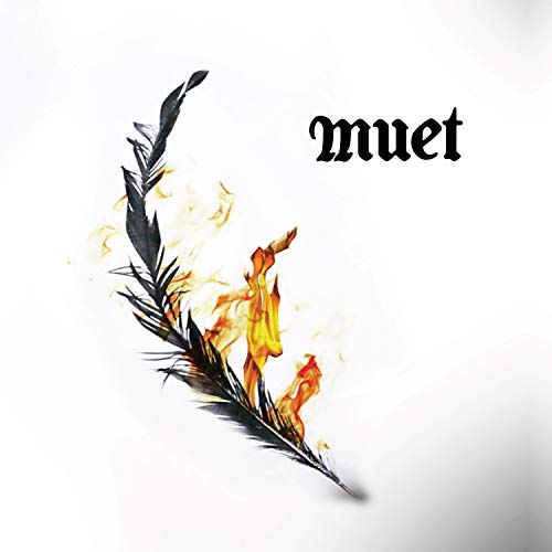 "Black feather on fire with flames, beside the word 'muet' on a white background."
