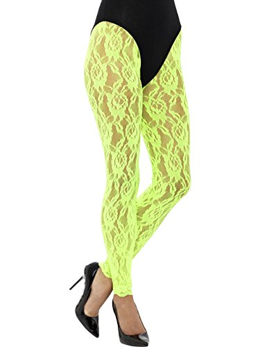 Neon green lace leggings on a model's legs, with black bodysuit and high heels.