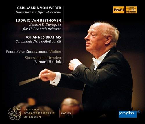 Conductor Bernard Haitink in a black suit holding a baton, on a CD cover.