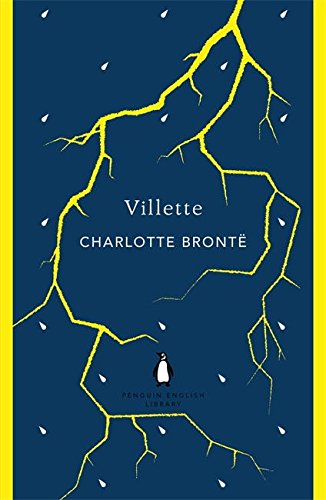 "Blue book cover with yellow cracks, white petals, and penguin logo, titled 'Villette' by Charlotte Brontë."
