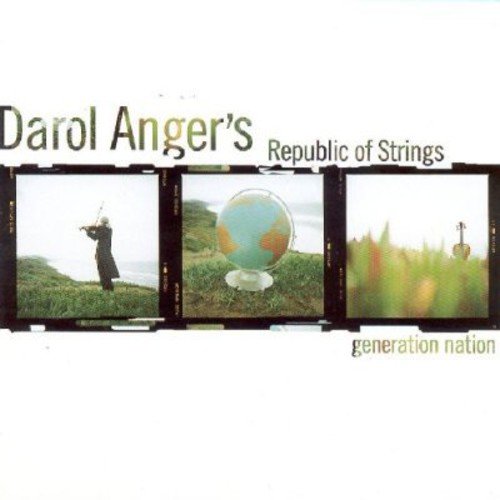 "CD cover with three images: violinist, globe, and blurry cross on grassy hill."