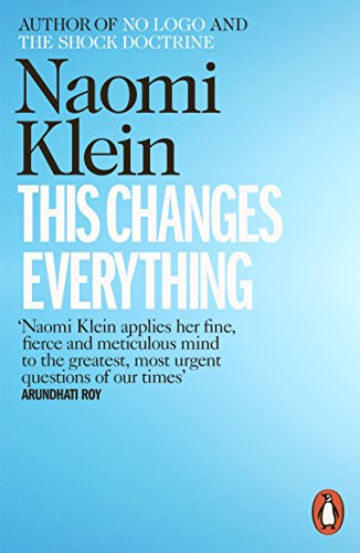 Book cover of "This Changes Everything" by Naomi Klein, featuring a blue gradient background.