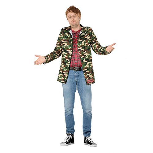 Man wearing camouflage jacket, red plaid shirt, jeans, and black sneakers, standing with outstretched arms.