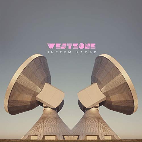 "Album cover featuring two large satellite dishes against a gray sky."