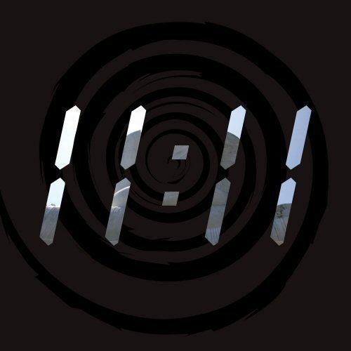A CD with a dark, spiral design and light reflections on a black background.