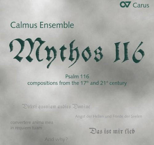 "CD cover for Calmus Ensemble's 'Mythos 116' with gray background and green text."