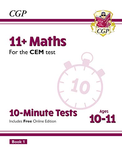 The image shows the cover of a book titled "11+ Maths for the CEM test". Here is a concise, descriptive alt text: "Book cover with stopwatch graphic, titled '11+ Maths' in purple text on white background."