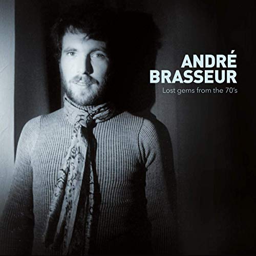 Black and white album cover with a man in a striped shirt.