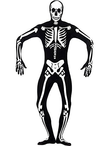 "Black skeleton costume with white bones on a white background, full-body illustration."