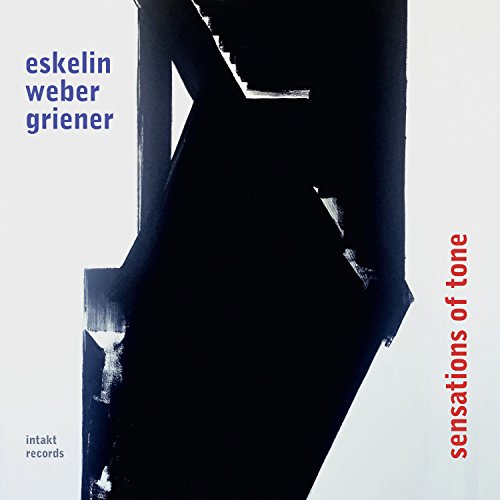 The image is a CD cover for "Sensations of Tone" by Eskelin, Weber, and Griener. The cover features a predominantly white background with a large, dark shape resembling a torn or broken object, possibly a metal beam or a ripped paper, positioned centrally and extending from the bottom to the top of the image. The title "sensations of tone" is written vertically along the right edge in red text, while the artists' names "eskelin weber griener" are
