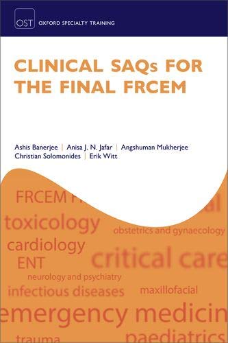 "Book cover with white and orange background, titled 'Clinical SAQs for the Final FRCEM'."
