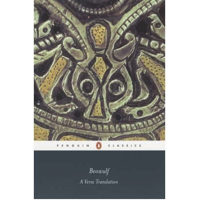 "Book cover with ornate metalwork design and 'Beowulf: A Verse Translation' title on black background."