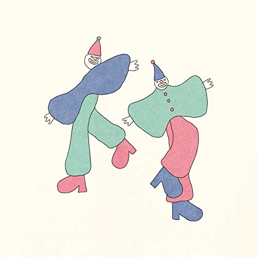 The image depicts two cartoon figures in playful attire, facing each other. The figure on the left wears a blue hat and green clothing, while the figure on the right has a blue hat and pink clothing. Both characters are shown in a dynamic pose, with their arms outstretched and legs bent. The background of the image is a pale yellow color. The overall atmosphere suggests a lighthearted and humorous tone.
