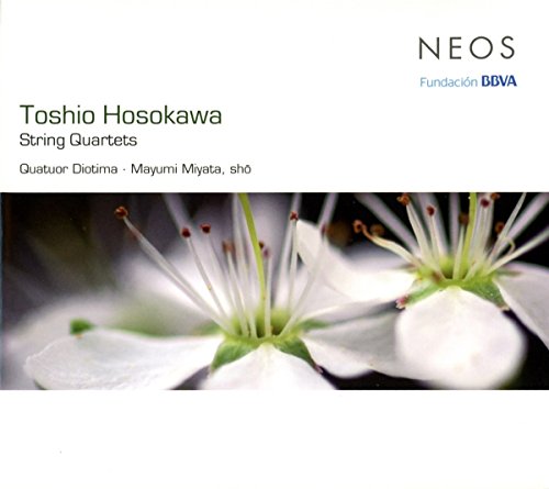 CD cover with white flowers and text: "Toshio Hosokawa String Quartets" on a white background.