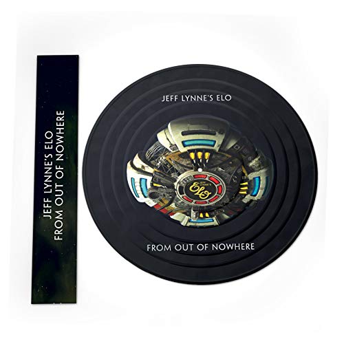 Vinyl record with a spaceship design and text on a white background.