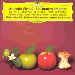 "CD cover for Vivaldi's 'The Four Seasons' with fruit and flowers on red background."