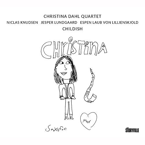 "CD cover featuring simple black and white drawing of a smiling girl with a saxophone."