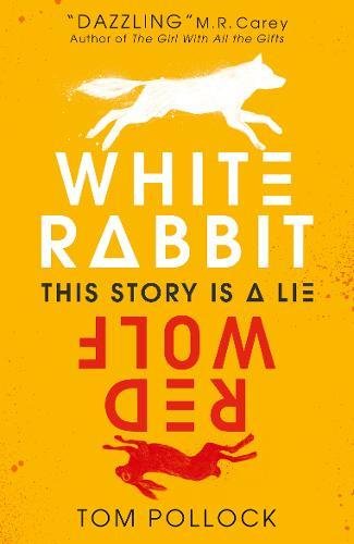The image depicts a yellow book cover with a white rabbit and red wolf.