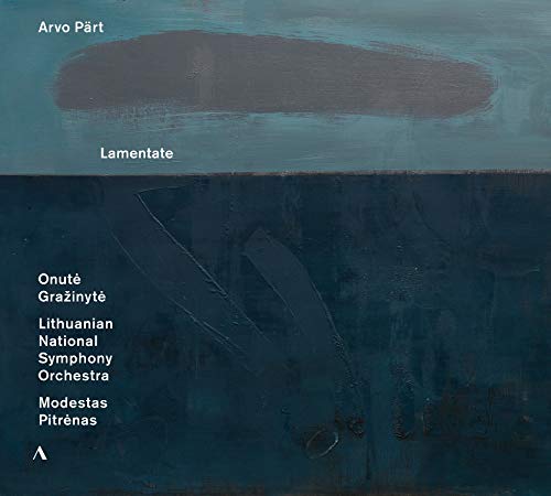 "CD cover with abstract blue and grey painting, white text listing artist and orchestra."