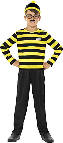 A child dressed as Wally, wearing a black and yellow striped shirt and hat.