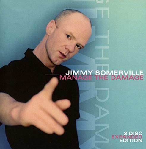 "Album cover featuring Jimmy Somerville pointing, with text on a blue background."