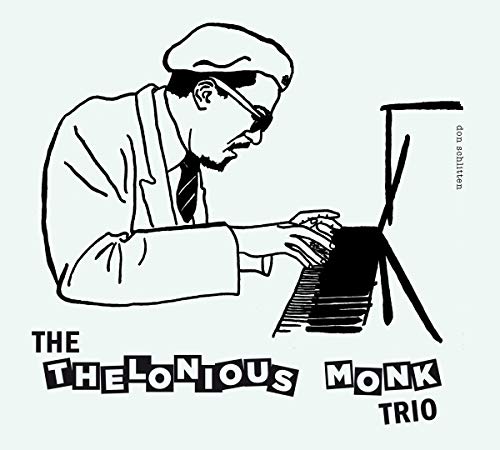Black and white illustration of a man playing piano, with "The Thelonious Monk Trio" text.