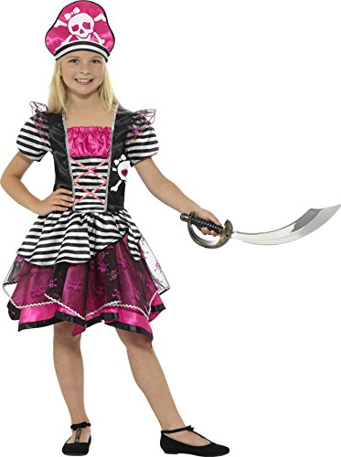 A young girl wearing a pink, black, and white pirate costume, holding a toy sword.
