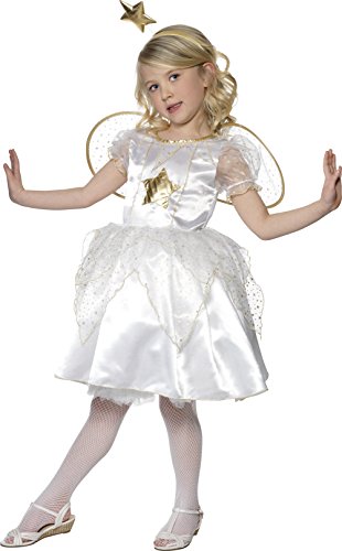 Young girl wearing a white fairy costume with gold accents and fairy wings.
