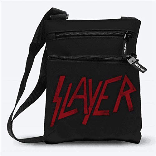 Black cross-body bag with red "Slayer" logo, zippered pockets, and adjustable strap, against a white background.