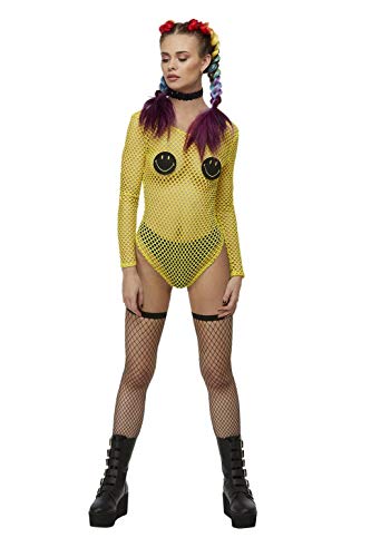 Smiffys 52335XS Officially Licensed Smiley Fishnet Bodysuit, Women, Yellow, XS - UK Size 04-06