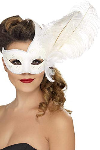 Smiffys Ornate Columbina Eyemask with Feather - White