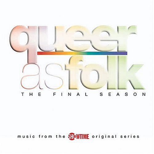"Album cover with 'Queer as Folk' in rainbow-colored text on a white background."