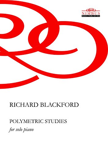 White sheet music cover with red swirling design and black text, featuring "Richard Blackford: Polymetric Studies".