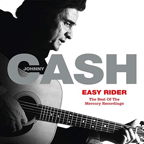Johnny Cash album cover featuring a black-and-white photo of him playing guitar.
