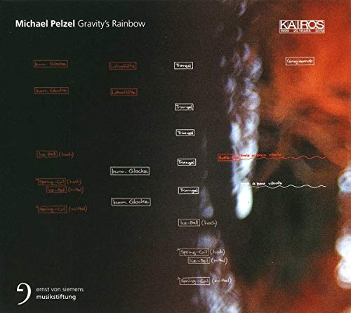 "Album cover with abstract red and black background, white and red musical notation."